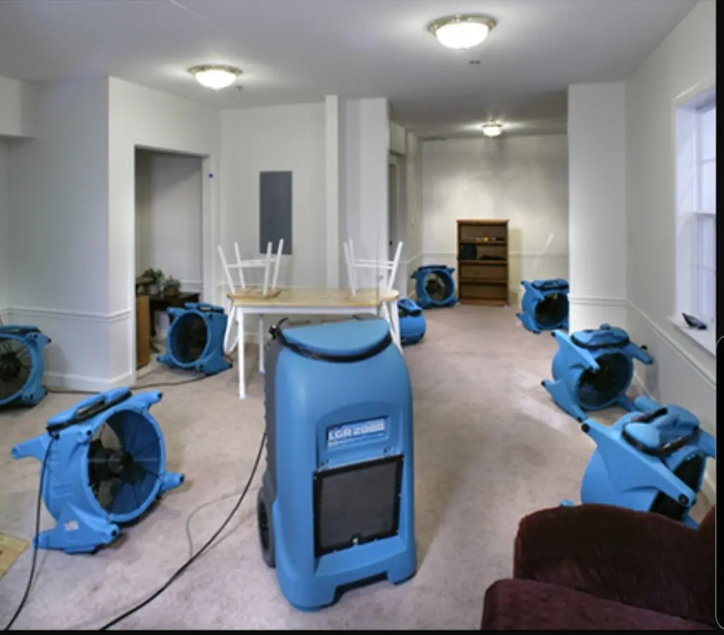Air movers and dehumidifier setup for Water Damage Restoration in Kewanee